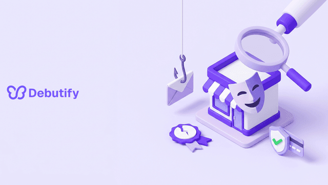 Shopify scams shown as an isometric storefront mask held over a phishing hook and fake support badge in Debutify purple