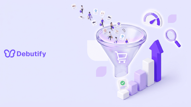Shopify conversion rate optimization process shown as an isometric store funnel in Debutify purple