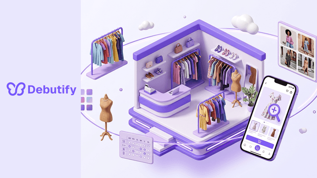 Best Shopify themes for clothing stores shown as an isometric fashion storefront with size chart, swatches and lookbook panels in Debutify purple