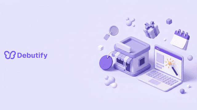 Starting a free Shopify store shown as an isometric storefront with a zero price tag in Debutify purple
