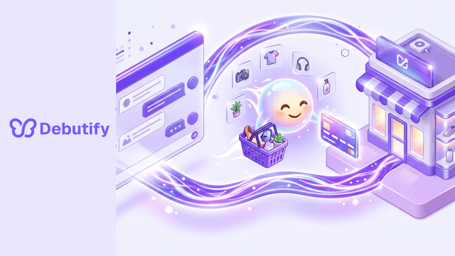 Agentic commerce explained as an isometric AI agent carrying a shopping basket between a chat window and a storefront in Debutify purple
